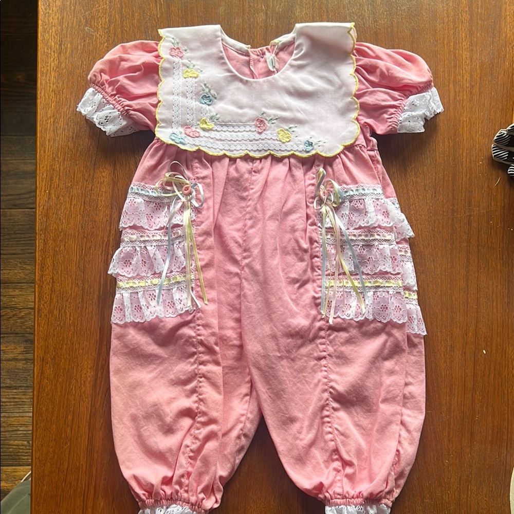Vintage Pink Lace Ruffle Baby Romper